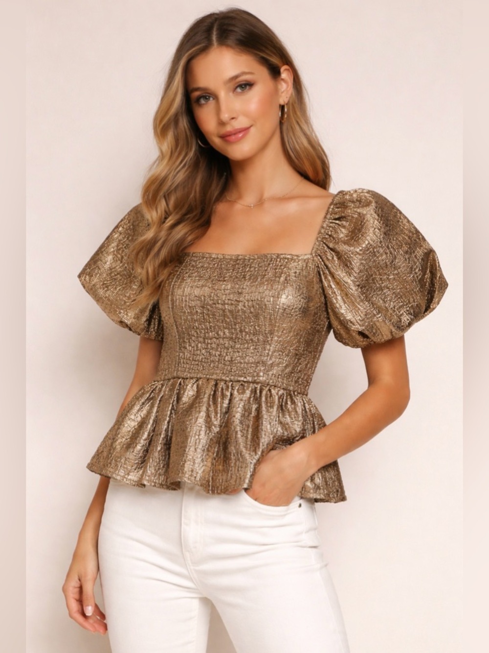 LC Lauren Conrad Metallic Gold Puff Sleeve Peplum Top NWOT